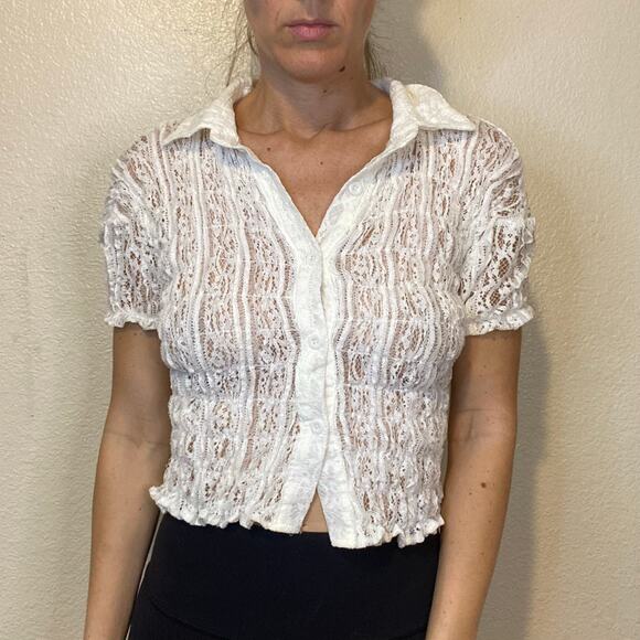 Vintage Y2K White Collared Lace Button Down Blouse Size L - Picture 1 of 4